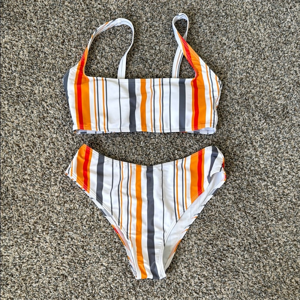SHEIN Vibrant Orange and Gray striped Bikini Size Small